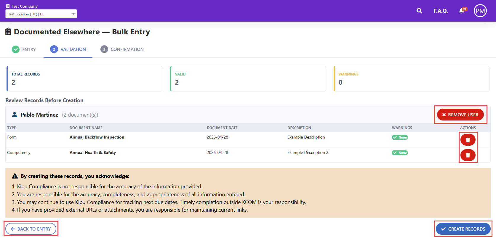 Validation screen